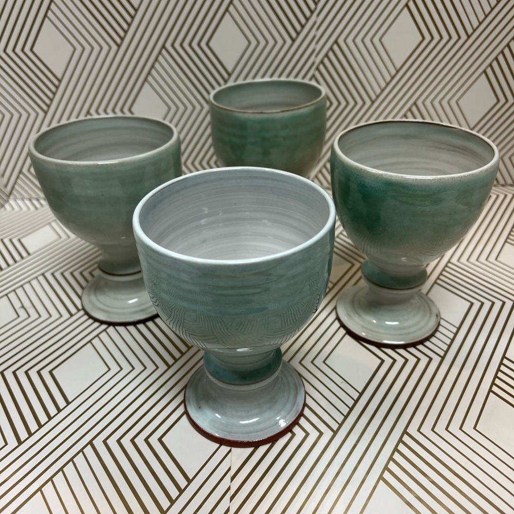 Vintage Rineanna Pottery Celadon Glaze Set of 4 Goblets Glasses